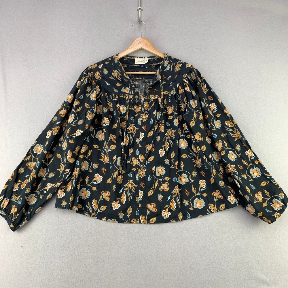 Universal Thread Floral Blouse Womens XS Black Boho Balloon Sleeve Cotton Rayon